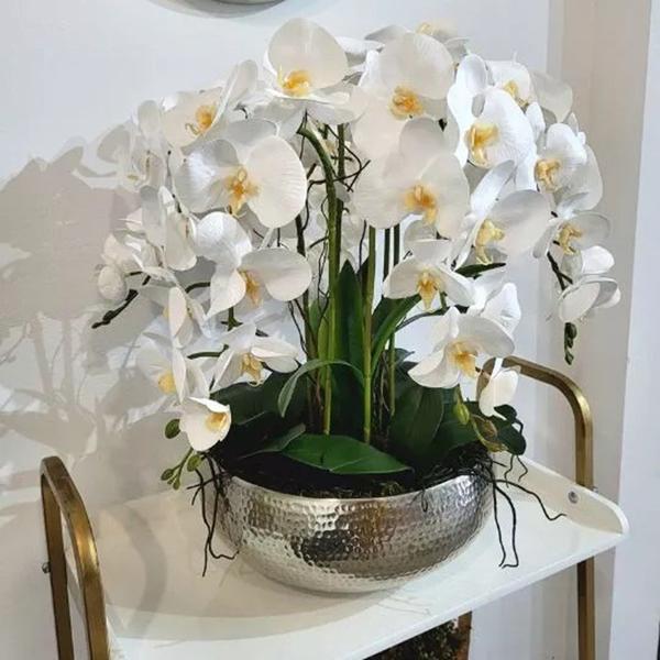 Imagem de Haste Flor Orquídea Phalaenopsis Branca Toque Real Silicone Artificial 73cm Florarte