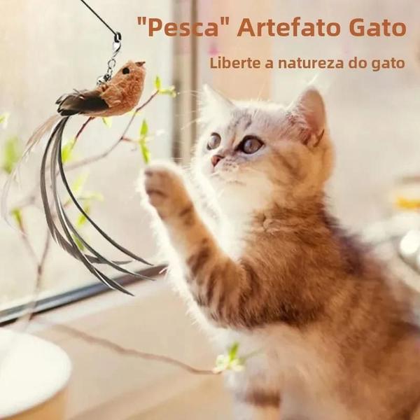 Imagem de Haste Longa para Brinquedo de Gato - Vara com Pena, Ventosa e Fio de Aço