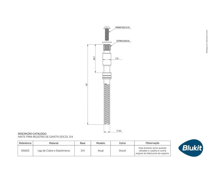 Imagem de Haste p/ Registro de Gaveta Docol Atual 3/4 051613 Blukit