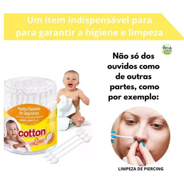 Imagem de Hastes Flexíveis de Segurança Cotton Line 45 Unidades Safety Care Baby Cotonete Pote Pontas Algodão Natural Antigerme