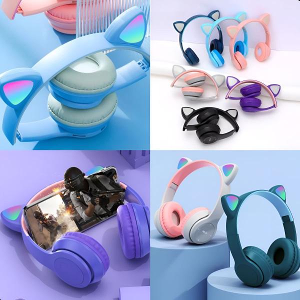 Imagem de Headset Fone De Ouvido Gatinho Bluetooth Led Infantil P2 Usb Sem Fio