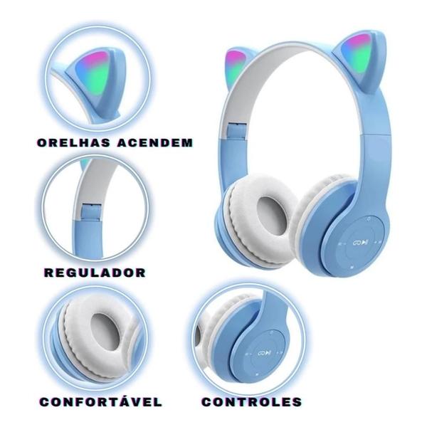 Imagem de Headset Fone de Ouvido Infantil Bluetooth Orelha Gato Led Para Crianças Sem Fio