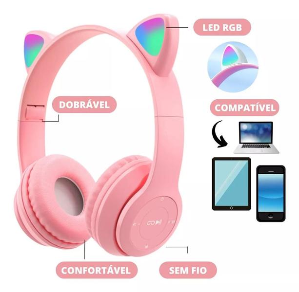 Imagem de Headset Fone de Ouvido Infantil Bluetooth Orelha Gato Led Para Crianças Sem Fio