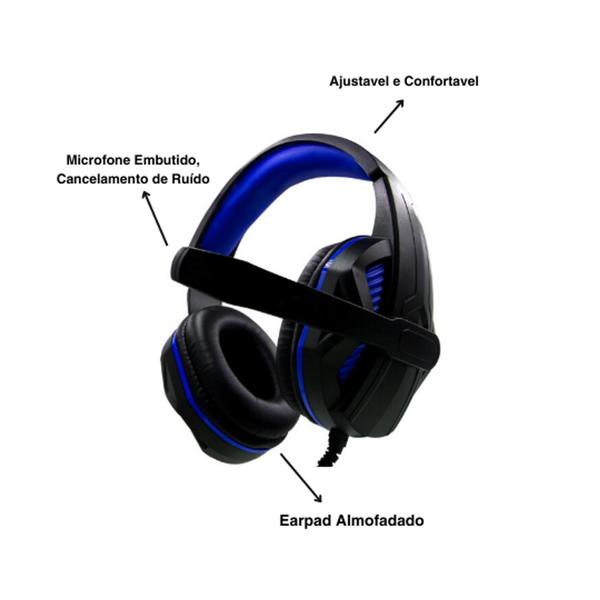 Imagem de Headset Gamer com Microfone e Conexão P2 - IG-H8 Reling - Fone de Ouvido Preto Azul