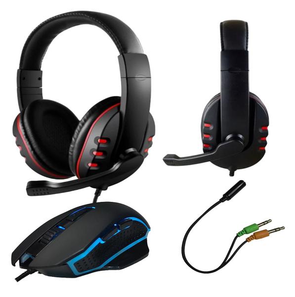 Imagem de  Headset Gamer com Microfone Retratil Conexão P3 3,5mm + Mouse Gamer Ergonômico 6 Botões 4800 DPI USB Led Rainbow Pcs Notebooks Smartphones Consoles