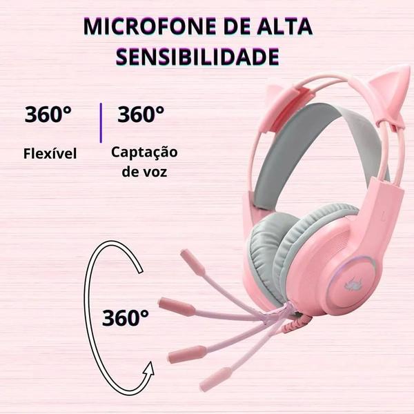 Imagem de Headset Gamer Fone Gatinho Rosa Com Led RGB P2 Knup KP-GA04