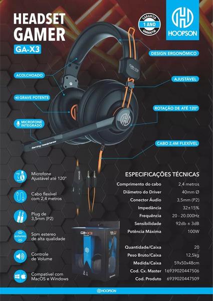 Imagem de Headset Gamer Preto com Detalhes Laranja Conexão P2 - Hoopson GA-X3