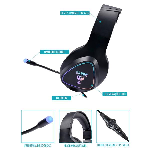 Imagem de Headset Gamer Stereo Driver 50mm Controle de Volume + Luz + Mutar Cabo 2 metros Fone Clanm Preto