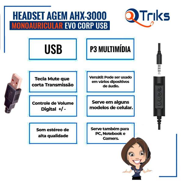 Imagem de Headset Usb Agem Ahx3000 Evo Mono Com Cancelador Ruído