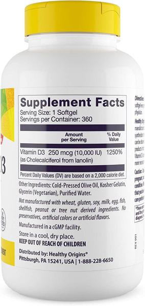 Imagem de Healthy Origins Vitamina D3 10.000 UI (Não transgênico), 360 Softgéis