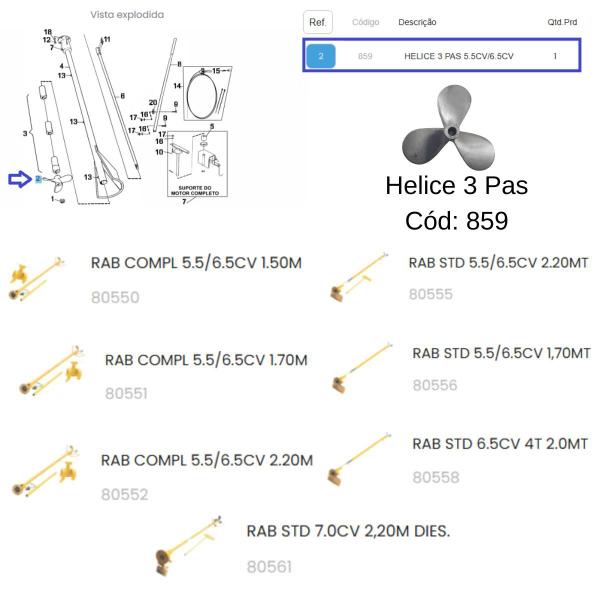 Helice 3 PAS Para Rabeta Buffalo 1.5/1.7/2.2m 5.5/6.5cv 859 Imagem de Helice 3 PAS Para Rabeta Buffalo 1.5/1.7/2.2m 5.5/6.5cv 859