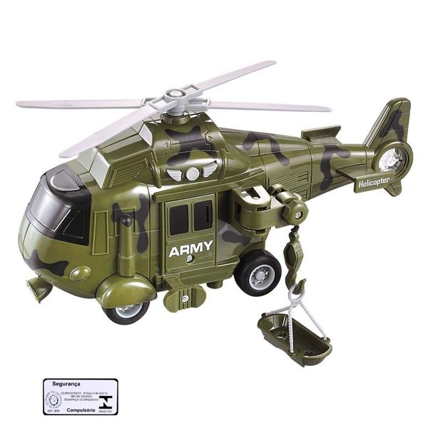 Imagem de Helicoptero Operacao Resgate com Luz e Som DM Toys Verde Sobe Desce a Maca e a Helice Gira Brinquedo