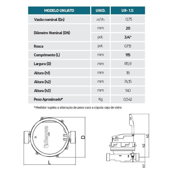 Imagem de Hidrômetro Unijato 3/4" Qmáx 1,5m³/h 115mm  Renova Medição