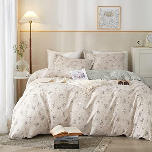 Imagem de HighBuy Boho Floral Duvet Cover Queen Cotton Aesthetic Bedding Set Queen Comforter Cover Set Reversible Green Floral Garden Lightweight Soft Queen Duvet Cover Set Zipper Closure Breathable Queen