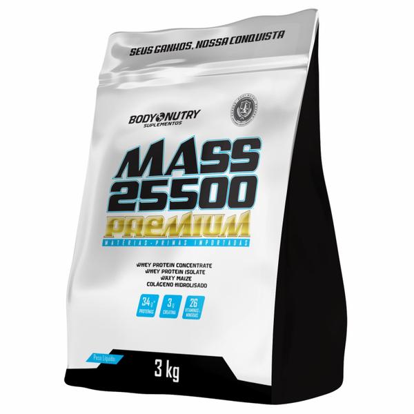 Hipercalórico Mass 25500 3kg Anticatabólico 34g de proteínas 26 vitaminas e minerais com 3g de creatina - Body Nutry Imagem de Hipercalórico Mass 25500 3kg Anticatabólico 34g de proteínas 26 vitaminas e minerais com 3g de creatina