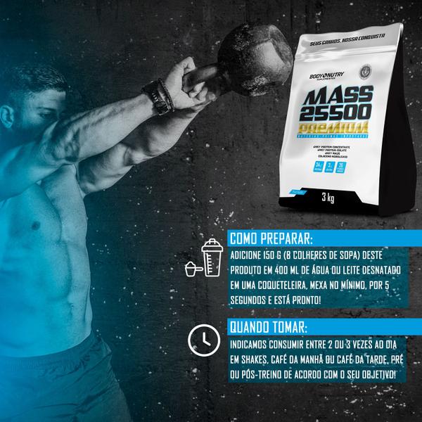 Hipercalórico Mass 25500 3kg Anticatabólico 34g de proteínas 26 vitaminas e minerais com 3g de creatina - Body Nutry Imagem de Hipercalórico Mass 25500 3kg Anticatabólico 34g de proteínas 26 vitaminas e minerais com 3g de creatina