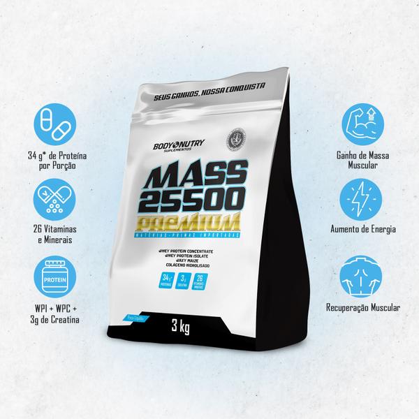 Hipercalórico Mass 25500 3kg Anticatabólico 34g de proteínas 26 vitaminas e minerais com 3g de creatina - Body Nutry Imagem de Hipercalórico Mass 25500 3kg Anticatabólico 34g de proteínas 26 vitaminas e minerais com 3g de creatina