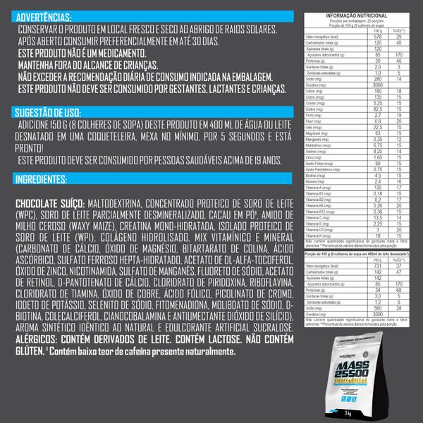 Imagem de Hipercalórico Mass 25500 3kg Anticatabólico 34g de proteínas 26 vitaminas e minerais com 3g de creatina