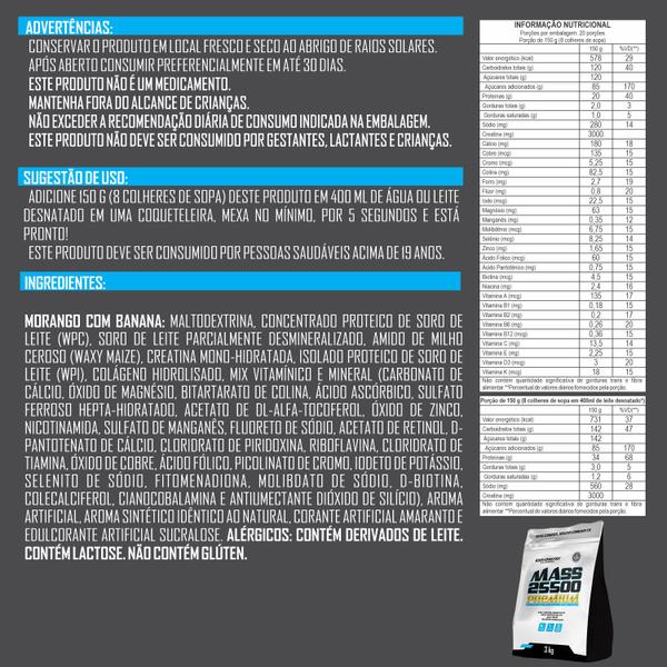 Imagem de Hipercalórico Mass 25500 3kg Anticatabólico 34g de proteínas 26 vitaminas e minerais com 3g de creatina