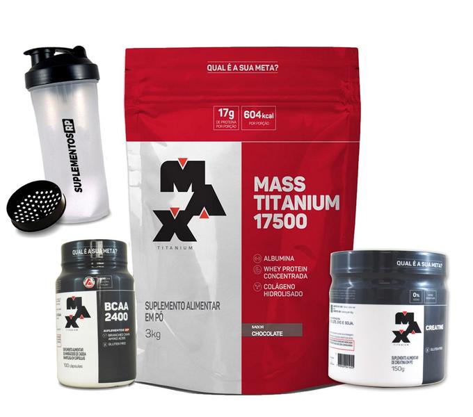 Hipercalórico Mass Titanium 3kg+ Creatina 150g+ Bcaa 100cap - max titanium Imagem de Hipercalórico Mass Titanium 3kg+ Creatina 150g+ Bcaa 100cap