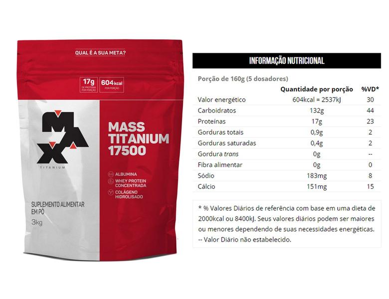 Hipercalórico Mass Titanium 3kg+ Creatina 150g+ Bcaa 100cap - max titanium Imagem de Hipercalórico Mass Titanium 3kg+ Creatina 150g+ Bcaa 100cap