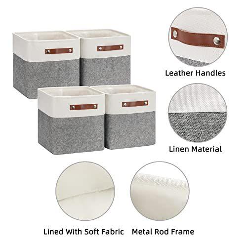 Imagem de HNZIGE Fabric Cube Storage Baskets Bins Cube Baskets 11x11, Conjunto de 4, Cestas de caixa de armazenamento dobrável para prateleiras com alças, lixeiras para cube organizador Home Toy Nursery Closet Bedroom (Cinza Branco)