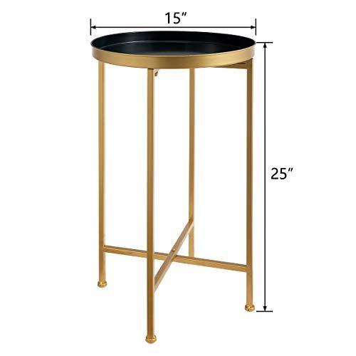 Imagem de HollyHOME Mesa de Extremidade Impermeável Redonda de Metal, Mesa Lateral de Café Interior e Exterior Accent, Mesa de Sofá de Lanche para Sala de Estar, Suporte de Planta Decorativo Anti-Ferrugem, (D) 14,5 "x (H) 25", Ouro / Azul Marinho