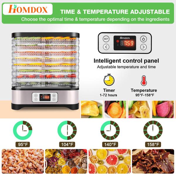 Imagem de Homdox 8 Bandejas Máquina Desidratadora de Alimentos com Folha de Rolo de Frutas, Temporizador Digital e Controle de Temperatura, Desidratadores para Alimentos e Jerky, Carne, Frutas, Vegetais, Ervas, BPA Free/400 Watt/Atualizado