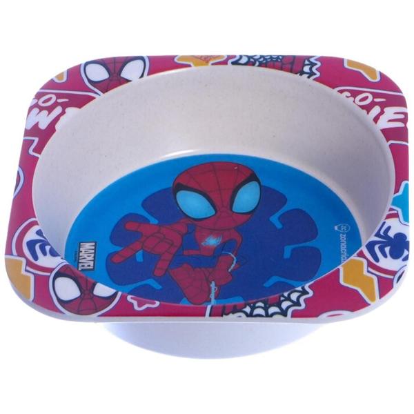 Imagem de Homem-Aranha Spider-Man Kit Refeição Infantil Fibra Bambu Melamina 5 Pçs Bowl + Prato + Copo + Garfo Faca Oficial Marvel