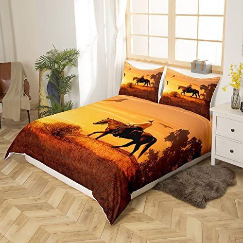 Imagem de Homewish Cavalo Duvet Cover Set Full Size Animal Theme Bedding Set 3pcs para crianças meninos adolescentes quarto decoração ocidental cowboy edredom cobertura pôr do sol cenário colcha capa com 2 fronhas