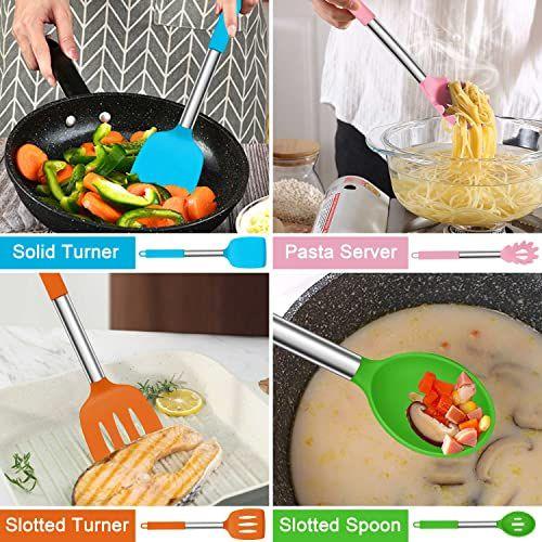 Imagem de Homikit 15-Piece Cozinha De silicone Utensílios de cozinha Conjunto com suporte, utensílio de silicone colorido conjuntos de aço inoxidável, ferramentas de cozinha antiaderente com espátulas colheres tong para panela, resistente ao calor