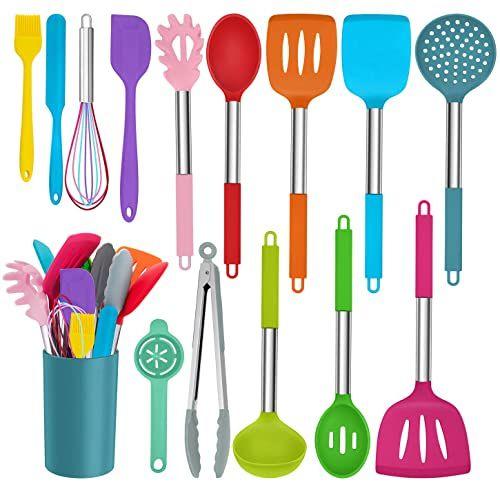 Imagem de Homikit 15-Piece Cozinha De silicone Utensílios de cozinha Conjunto com suporte, utensílio de silicone colorido conjuntos de aço inoxidável, ferramentas de cozinha antiaderente com espátulas colheres tong para panela, resistente ao calor