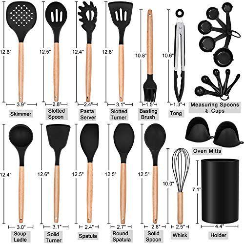 Imagem de Homikit 25-Piece Cozinha Cozinha Utensílios Conjunto com Suporte, Colher de Silicone Ceramita Ladle Turner Skimmer para Panelas Antiaderente, Ferramentas de Cozinha Gadgets com Alça de Madeira, Preto