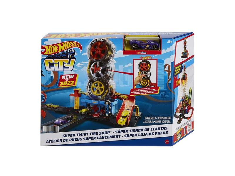 Imagem de Hot Wheels City Super Twist Loja de Pneus Playset, Girar A chave para fazer os carros viajarem pelos pneus, inclui 1 carro, presente para crianças de 4 a 8 anos