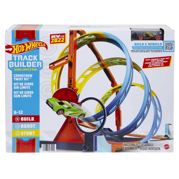 Imagem de Hot Wheels Track Builder Unlimited Corkscrew Twist Kit Playset, Desafio inovador de pista de saca-rolhas, 2 maneiras de atingir o alvo, inclui 1 carro hot wheels, presente para crianças 6 anos e up