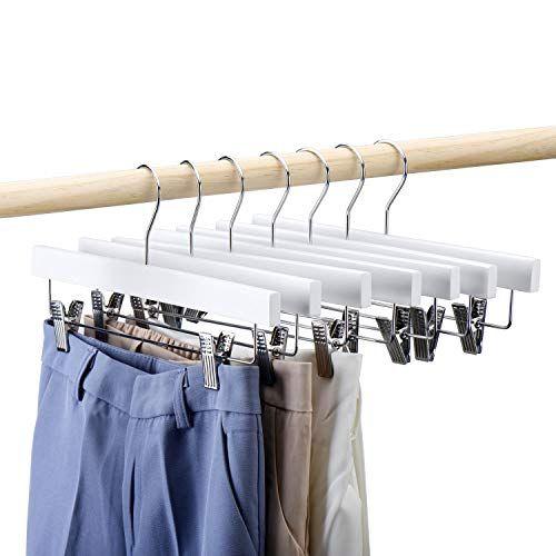 Imagem de HOUSE DAY Calças de Madeira Cabides 25pcs 14inch Wood Skirt Hangers Calças Bottom Hangers com Clipes Ajustáveis, 360 Gancho Giratório, Madeira Maciça Premium, Cabides de Cor Branca Elegante para Organização do Armário