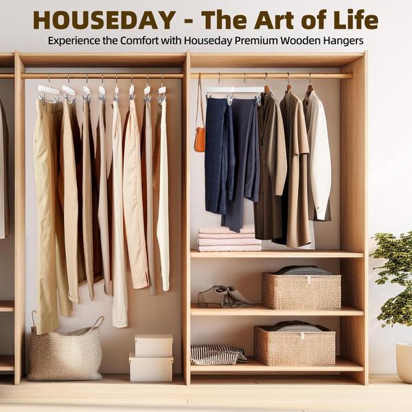 Imagem de HOUSE DAY Calças de Madeira Cabides 25pcs 14inch Wood Skirt Hangers Calças Bottom Hangers com Clipes Ajustáveis, 360 Gancho Giratório, Madeira Maciça Premium, Cabides de Cor Branca Elegante para Organização do Armário