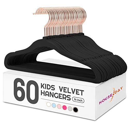 Imagem de House Day Velvet Kids Hangers 60 Pack, Cabides Infantis Premium para Closet, Cabides Ultra Finos E Calças De Roupas Infantis, Non Slip Kids Felt Hangers 14 Inch, Pequenos Cabides para Roupas Infantis, Preto