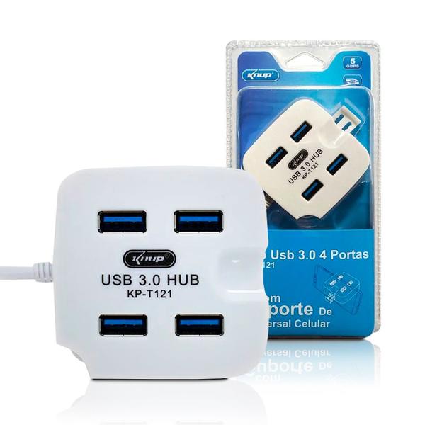 Hub 4 Portas Usb 3.0 Cabo 60cm C/Base Para Celular Branco KP-T121 Knup Imagem de Hub 4 Portas Usb 3.0 Cabo 60cm C/Base Para Celular Branco KP-T121 Knup