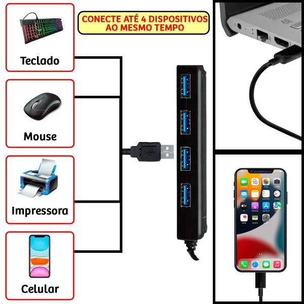 Imagem de Hub 4 Portas USB Adaptador Preto Tipo C Leve 3.0 Celular 