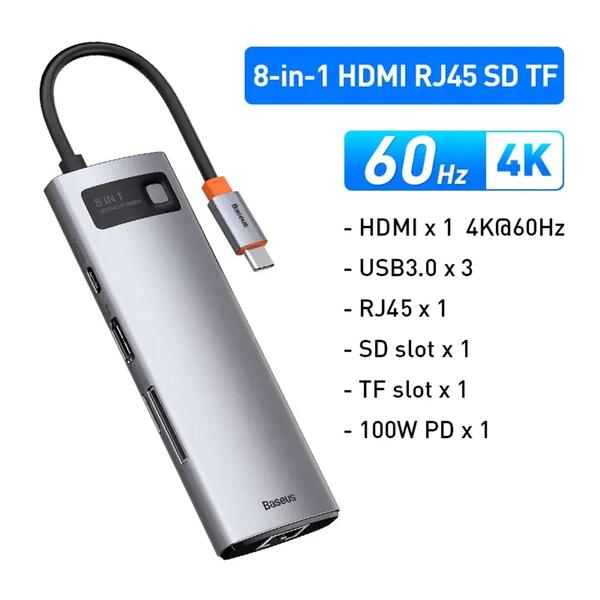 Hub 8 em 1 Baseus 4K 60Hz USB C Ethernet Porta PD Adaptador 3.0 Laptop Tablet Accessories Imagem de Hub 8 em 1 Baseus 4K 60Hz USB C Ethernet Porta PD Adaptador 3.0 Laptop Tablet Accessories
