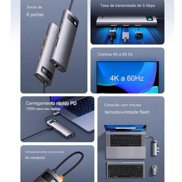 Hub 8 em 1 Baseus 4K 60Hz USB C Ethernet Porta PD Adaptador 3.0 Laptop Tablet Accessories Imagem de Hub 8 em 1 Baseus 4K 60Hz USB C Ethernet Porta PD Adaptador 3.0 Laptop Tablet Accessories