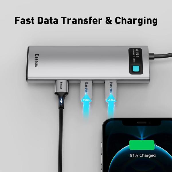 Hub 8 em 1 Baseus 4K 60Hz USB C Ethernet Porta PD Adaptador 3.0 Laptop Tablet Accessories Imagem de Hub 8 em 1 Baseus 4K 60Hz USB C Ethernet Porta PD Adaptador 3.0 Laptop Tablet Accessories