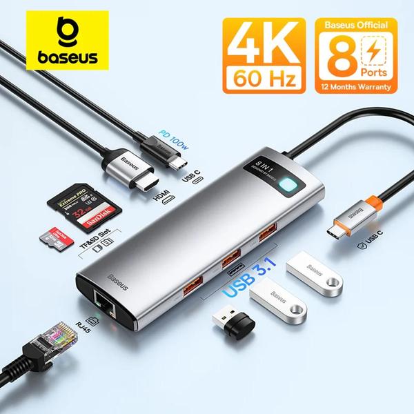 Hub 8 em 1 Baseus 4K 60Hz USB C Ethernet Porta PD Adaptador 3.0 Laptop Tablet Accessories Imagem de Hub 8 em 1 Baseus 4K 60Hz USB C Ethernet Porta PD Adaptador 3.0 Laptop Tablet Accessories