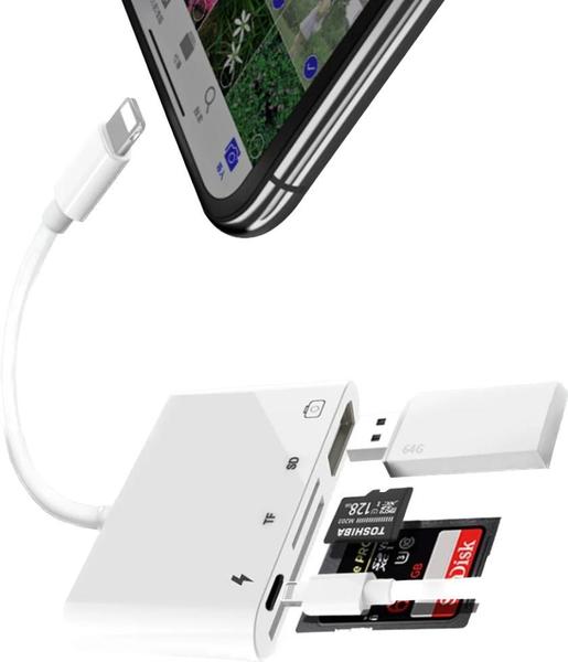 Imagem de HUB Adaptador OTG 4 entradas Para iPad e iPhone com entrada lightning e IOS 13 ou superior - lê cartão SD, MICRO SD, HD externo, pendrive e teclado