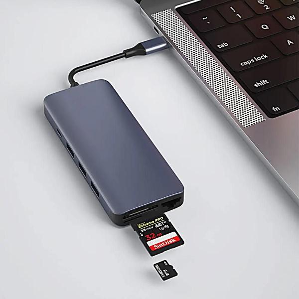 Imagem de Hub Adaptador Usb-c 12x1 Wiwu Hdmi Usb 3.0 Sd Rj45 Rede P2