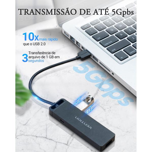 Imagem de Hub Adaptador Vention 4 Portas Usb 3.0 Velocidade 5gbps 15cm