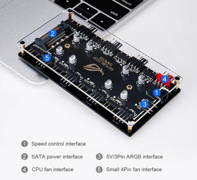 Hub ARGB 5V 3 Pinos Multi Fans 3 e 4 Pinos até 8 Fans Sata - Alloyseed Imagem de Hub ARGB 5V 3 Pinos Multi Fans 3 e 4 Pinos até 8 Fans Sata