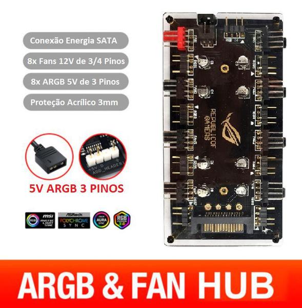 Hub ARGB 5V 3 Pinos Multi Fans 3 e 4 Pinos até 8 Fans Sata - Alloyseed Imagem de Hub ARGB 5V 3 Pinos Multi Fans 3 e 4 Pinos até 8 Fans Sata