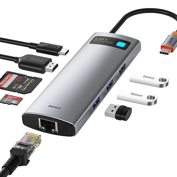 Imagem de Hub Baseus USB-C Dock HDMI 4K 60Hz Alta definição USB 3.0 Cartão Memória SD TF USB-C PD 100W RJ45